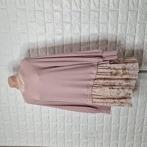 FREE PEOPLE Waffle Knit and Mesh Ruffle Tiered Skirt Long Sleeve Dress